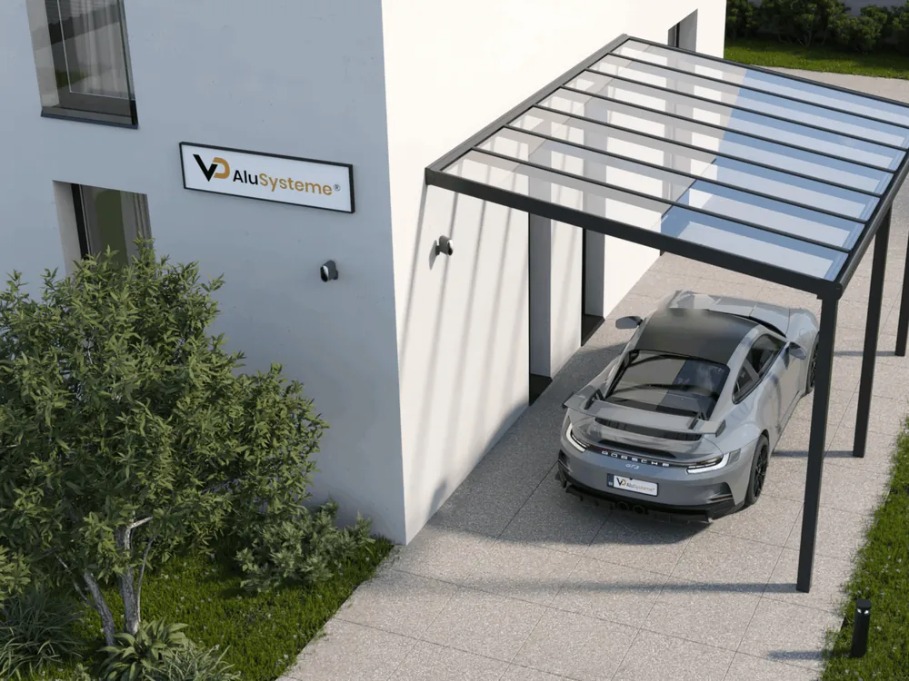 Aluminium carport naast een woning met een auto eronder