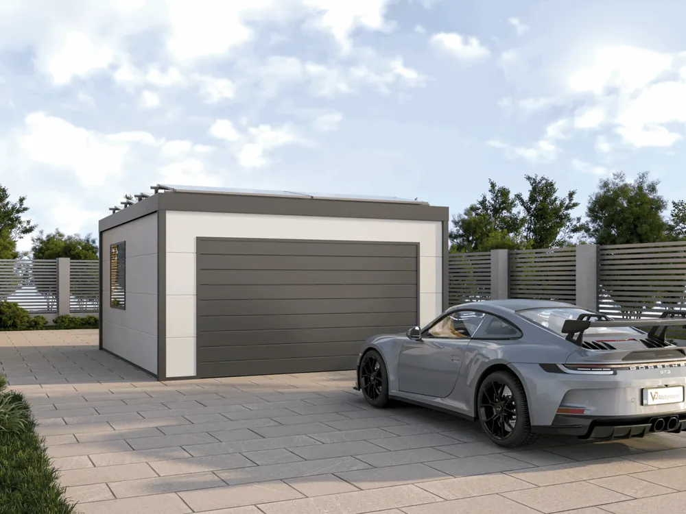 Plat aluminium dak Flat Box bij een woning met oprit