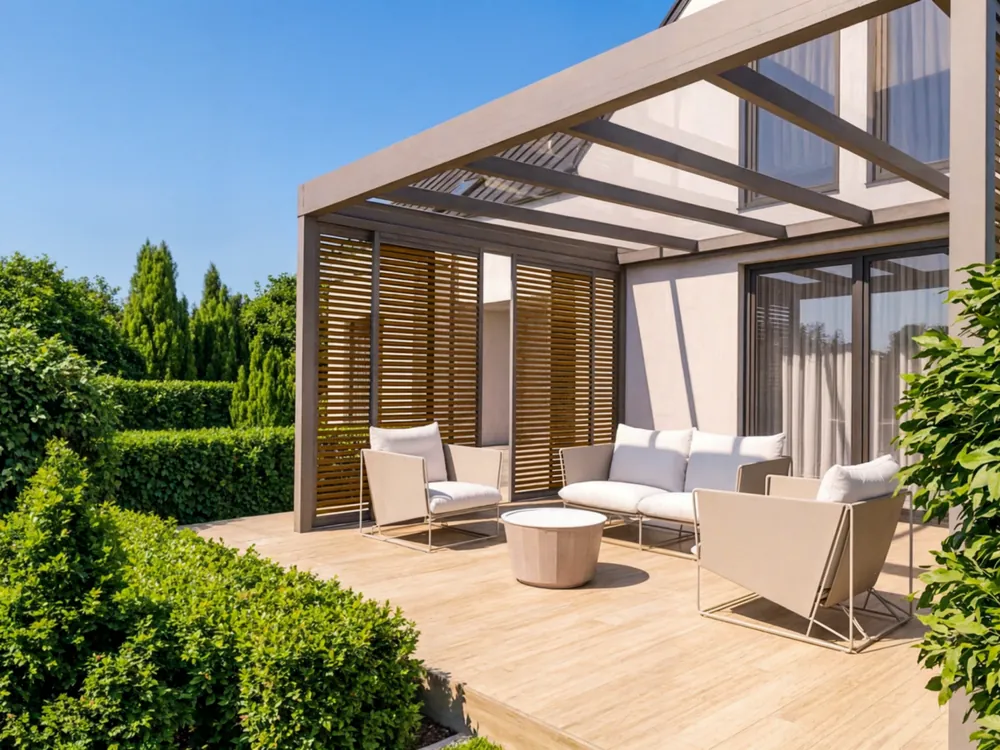 Velaris pergola met houten lamellen aan de zijkant boven een loungeterras