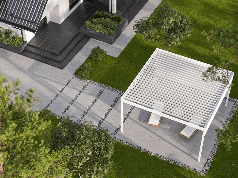 Wit aluminium lamellendak SunPro boven een terras