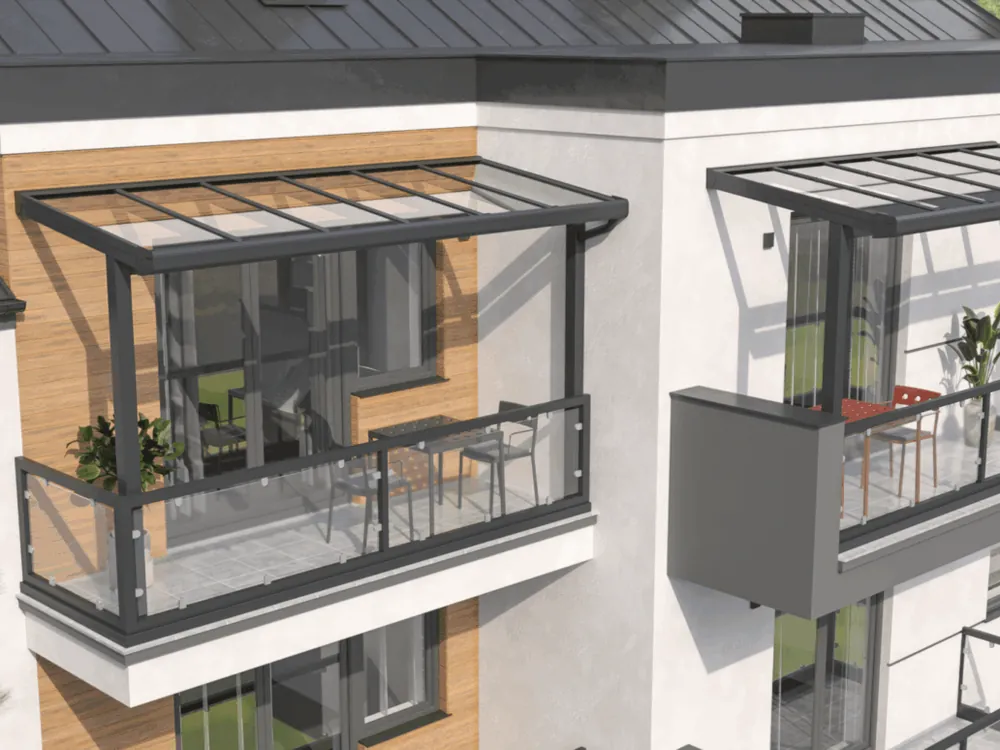 Aluminium balkonoverkapping aan een woongebouw